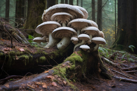 a spiral of mushrooms growing out of a fallen tree log, created with generative aiの素材