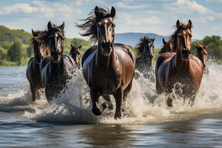 a group of wild horses splashing through a shallow river, created with generative aiの素材