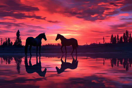 wild horses silhouetted against a vibrant sunset sky, created with generative aiの素材