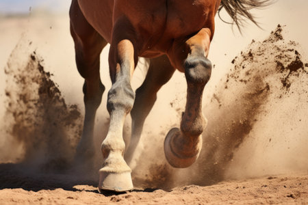 close-up of a wild horses hooves kicking up dust while galloping, created with generative aiの素材