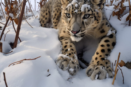 snow leopards paw prints in fresh snow, created with generative aiの素材