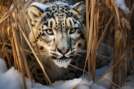 a snow leopard stalking its prey in the wild, created with generative aiの素材