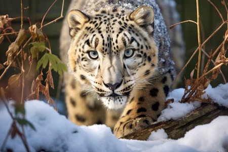 a snow leopard stalking its prey in the wild, created with generative aiの素材