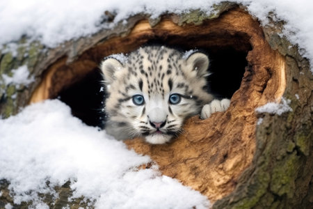 a snow leopard cub hiding in a snow-covered hollow log, created with generative aiの素材