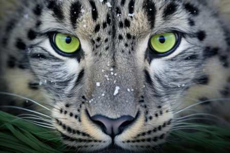 close-up shot of a snow leopards intense green eyes, created with generative aiの素材