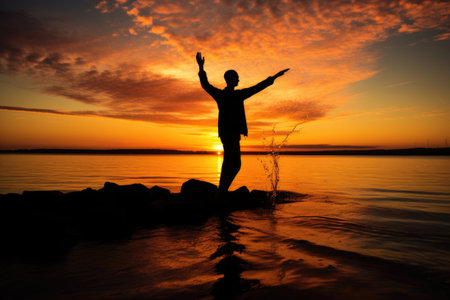 a silhouette of a person practicing wing chun at sunrise, created with generative aiの素材