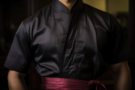 a detail shot of a wing chun practitioners uniform and sash, created with generative aiの素材