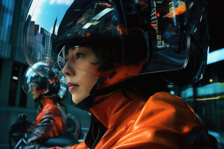close-up of woman on motorcycle, futuristic cityscape reflected in visor, created with generative aiの素材