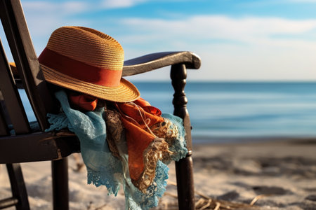 womans hat and gloves resting on a beach chair with the sea in the background, created with generative aiの素材