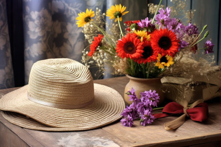 a straw hat and gloves on a wooden table surrounded by wildflowers, created with generative aiの素材