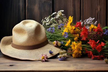 a straw hat and gloves on a wooden table surrounded by wildflowers, created with generative aiの素材