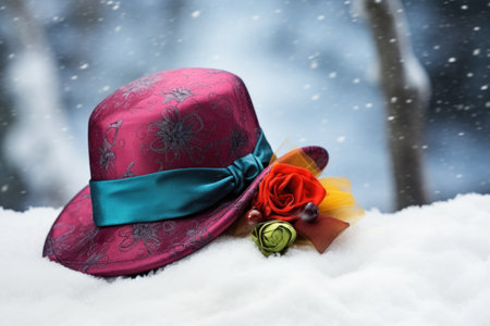 colorful womans hat and gloves on a snowy background, created with generative aiの素材
