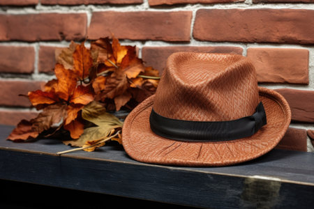 close-up of a hat and gloves on a brick wall backdrop, created with generative aiの素材