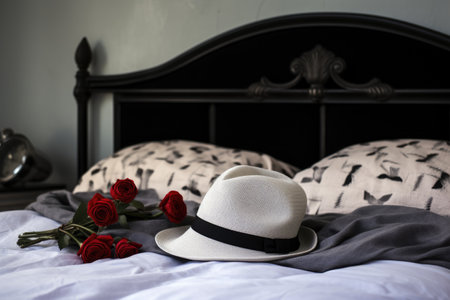 womans hat and gloves arranged on a bed with a white duvet, created with generative aiの素材