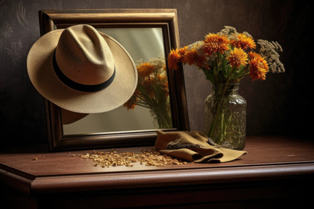 a cowboy hat on a wooden dressing table with a vintage photo frame, created with generative aiの素材