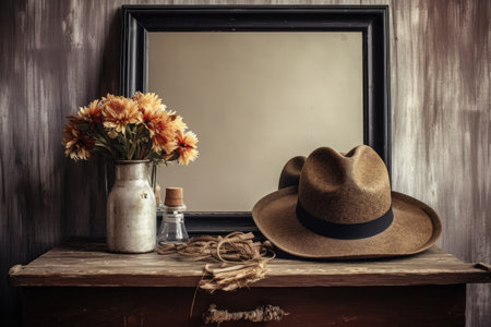 a cowboy hat on a wooden dressing table with a vintage photo frame, created with generative aiの素材