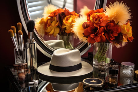 a trendy fedora on a mirrored dressing table with an array of makeup brushes, created with generative aiの素材