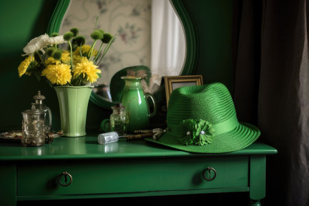 a green felt hat on a dressing table with a shamrock for st patricks day, created with generative aiの素材