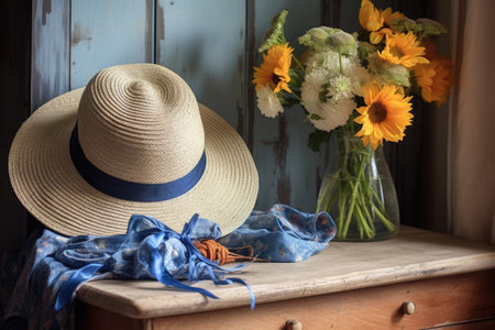 a straw hat with a blue ribbon on a rustic dressing table, with a vase of wildflowers, created with generative aiの素材