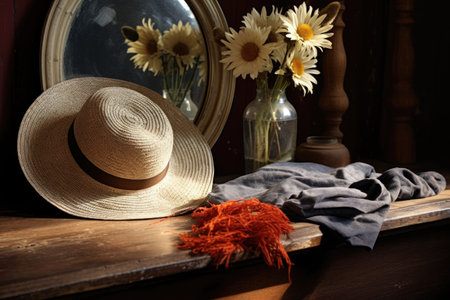 a straw hat resting next to a silver hand mirror on an antique table, created with generative aiの素材