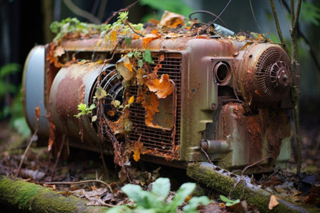 an old, rusted outdoor air conditioning unit with broken parts, created with generative aiの素材
