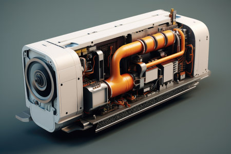 a split ac unit with the inner parts like coils and filter exposed, created with generative aiの素材