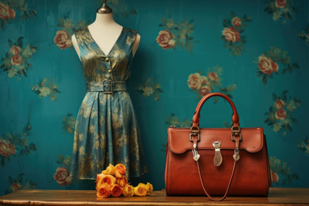 a vintage dress and matching handbag on a mannequin, created with generative aiの素材