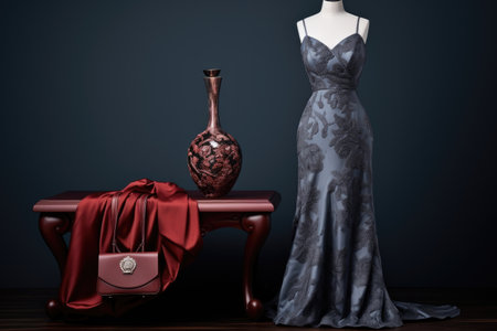 an elegant evening gown with a matching clutch on a mannequin, created with generative aiの素材