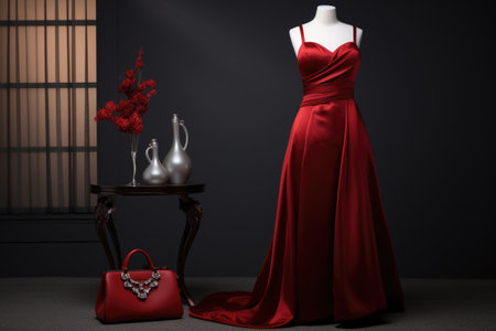 an elegant evening gown with a matching clutch on a mannequin, created with generative aiの素材