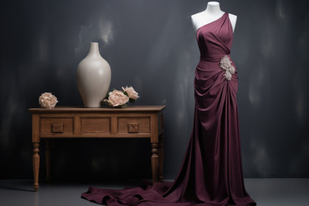 an elegant evening gown with a matching clutch on a mannequin, created with generative aiの素材