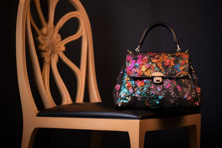 a designer handbag on a chair with a sequin dress hanging behind, created with generative aiの素材