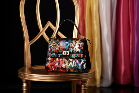 a designer handbag on a chair with a sequin dress hanging behind, created with generative aiの素材