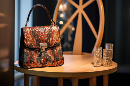 a designer handbag on a chair with a sequin dress hanging behind, created with generative aiの素材