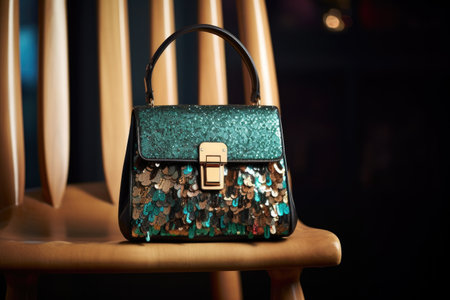a designer handbag on a chair with a sequin dress hanging behind, created with generative aiの素材