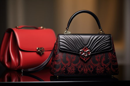 close-up of a red designer handbag next to a black evening dress, created with generative aiの素材