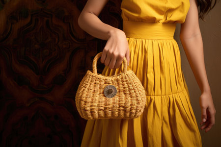 a woman in a summer dress holding a woven straw handbag, created with generative aiの素材