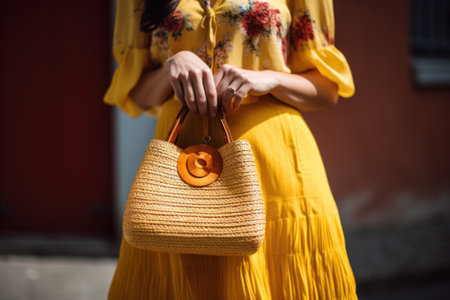 a woman in a summer dress holding a woven straw handbag, created with generative aiの素材