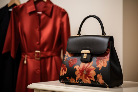 close-up of a designer handbag next to a trendy dress on a hanger, created with generative aiの素材