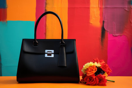 a black dress and handbag against a vibrant, colorful backdrop for contrast, created with generative aiの素材