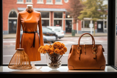 a casual dress and a leather handbag displayed on a boutique window, created with generative aiの素材