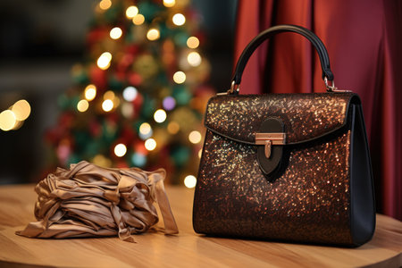 close-up of a leather handbag next to a sequin party dress, created with generative aiの素材