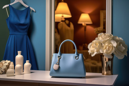 a blue dress with a white handbag on a mannequin in a boutique, created with generative aiの素材
