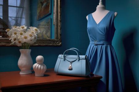 a blue dress with a white handbag on a mannequin in a boutique, created with generative aiの素材
