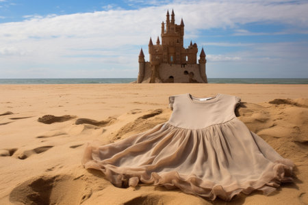 a childs dress lying on the sand next to a sandcastle, created with generative aiの素材