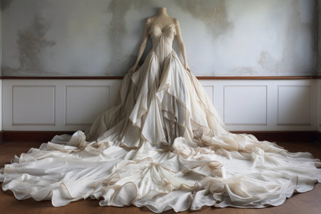 a silk evening dress spread out on a white duvet, created with generative aiの素材