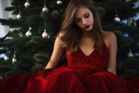 a red velvet holiday dress on a cozy, faux fur blanket, created with generative aiの素材