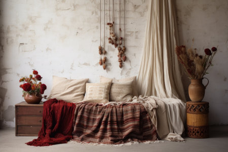 bohemian style dress arranged neatly on a minimalist bed setup, created with generative aiの素材
