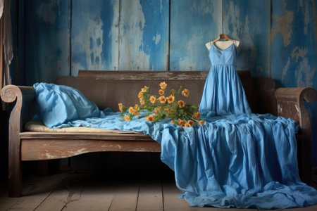 a blue summer dress draped over a rustic wooden bed frame, created with generative aiの素材