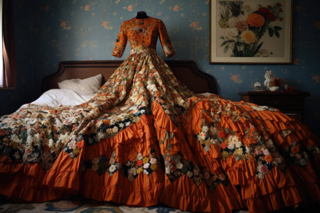 a hand-sewn dress displayed on a quilted bedspread, created with generative aiの素材