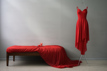 a red cocktail dress casually thrown on a modern minimalist bed, created with generative aiの素材